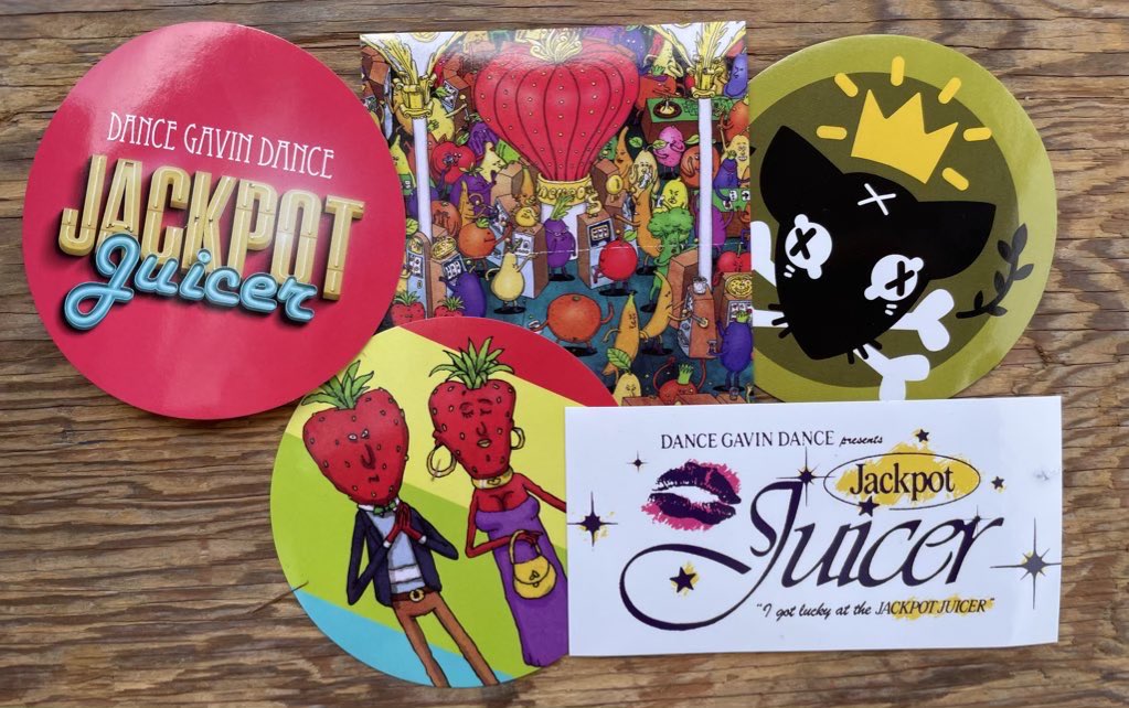 DGDtheband's tweet photo. Swanfest, you’ll get these stickers with your Jackpot Juicer pre-orders. Come to the @riserecords tent today 🐀👑 https://t.co/uxLxU3JBIr