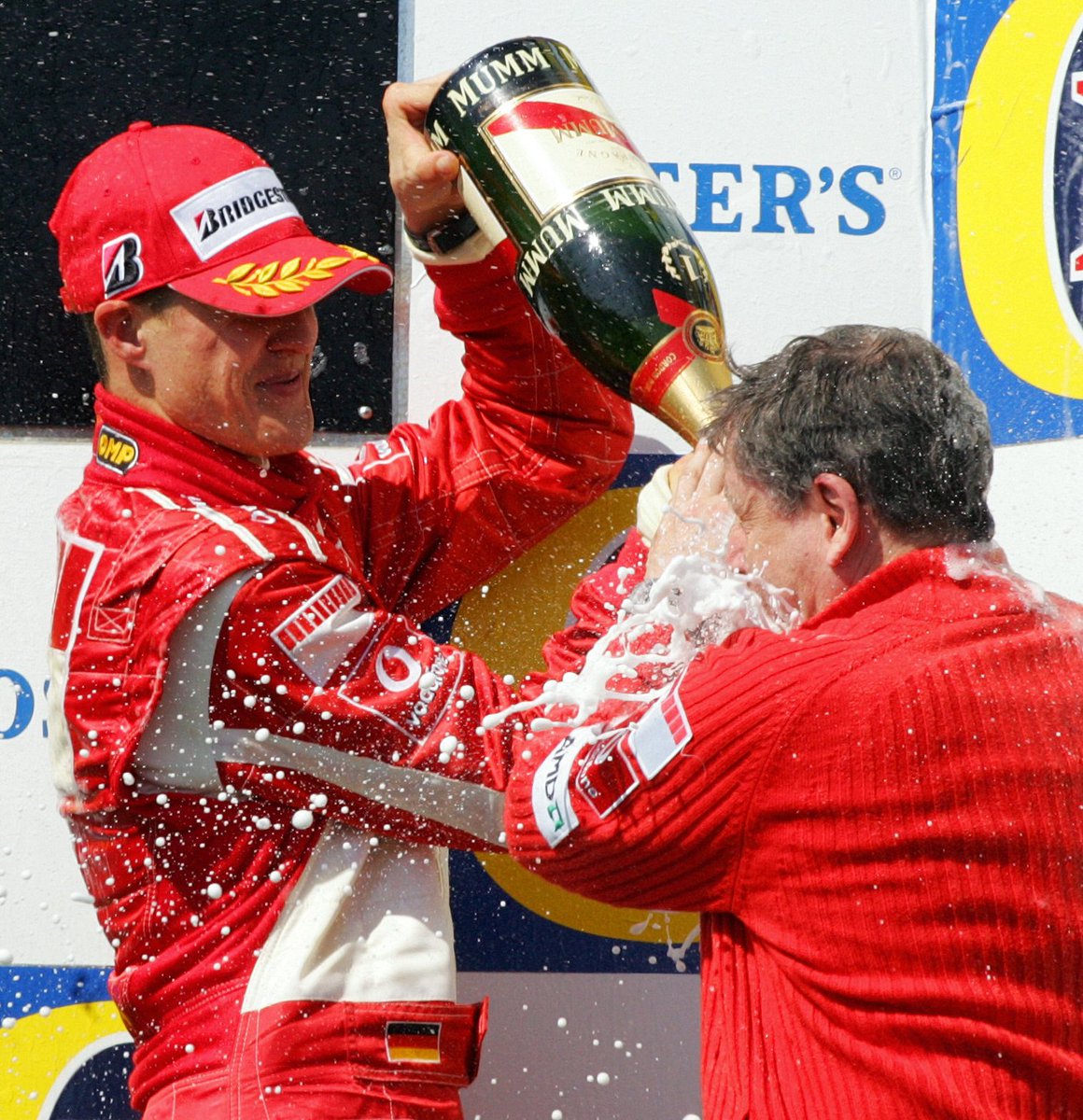 schumacher's tweet photo. Red celebration: beautiful memories ahead of the @F1 GP in Imola tomorrow.
#OTD in 2006, Michael wins the Imola GP. It was the last time that a Ferrari won in Imola – until tomorrow? @ScuderiaFerrari #TeamMichael #KeepFighting
Pics by DAMIEN MEYER and FILIPPO MONTEFORTE / AFP https://t.co/cOC1zZaCgu