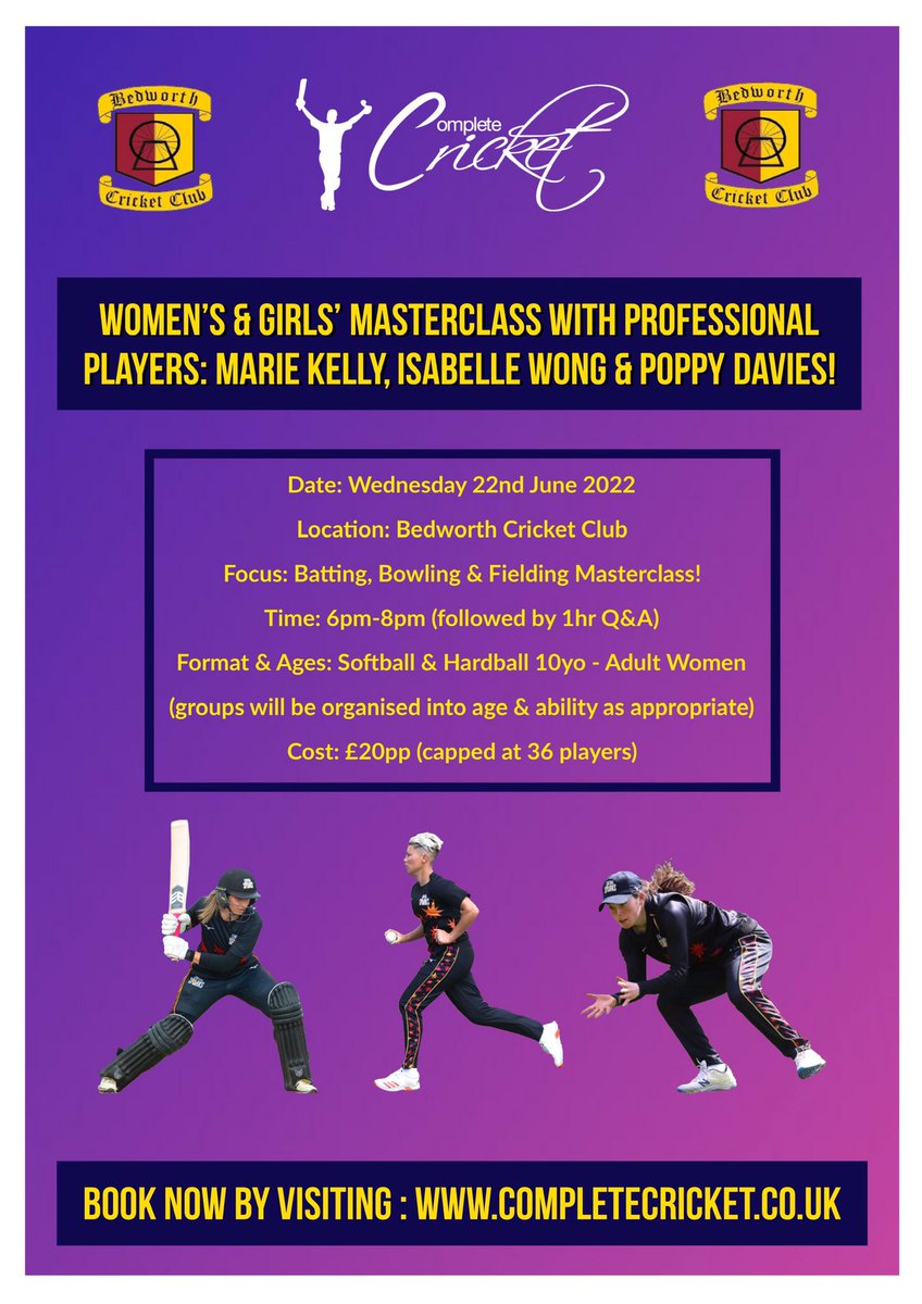 CompleteCricket's tweet photo. 💥 WOMEN’S MASTERCLASS 💥 

We are delighted to partner with @BedworthCricket to deliver an awesome women &amp; girls masterclass with professional cricketers @wongi95 @mariekelly96 &amp; @poppydavies_xx 💪🏼🏏

#cricketmasterclass #procricket #cricketcoaching #clubcricket #femalecricket https://t.co/rSpO0ZTIAo