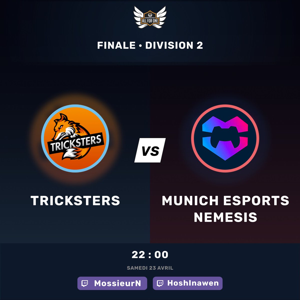 Bonsoir bonsoir ✨

On se retrouve dans quelques instants pour la finale de la division 2 🔥 
C'est à suivre sur la chaîne de twitch.tv/mossieurn et de twitch.tv/hoshinawen

À l'issue de ce match, nous saurions laquelle des deux équipes rejoindra la première division 🚀