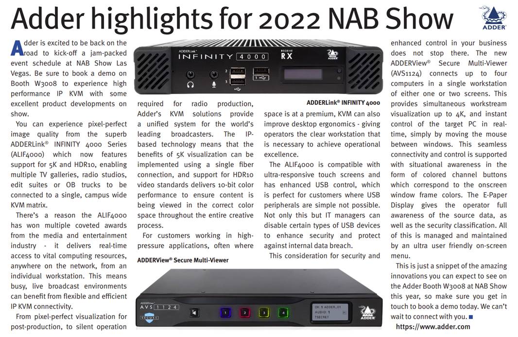 Adder's tweet photo. With NAB Show kicking off this weekend check out our highlights we are bringing with us this year ! #nabshow #ip #kvm #adderlinkinfinity #4k #5k https://t.co/N0lDxntnYR https://t.co/Hc8hXSzdcl