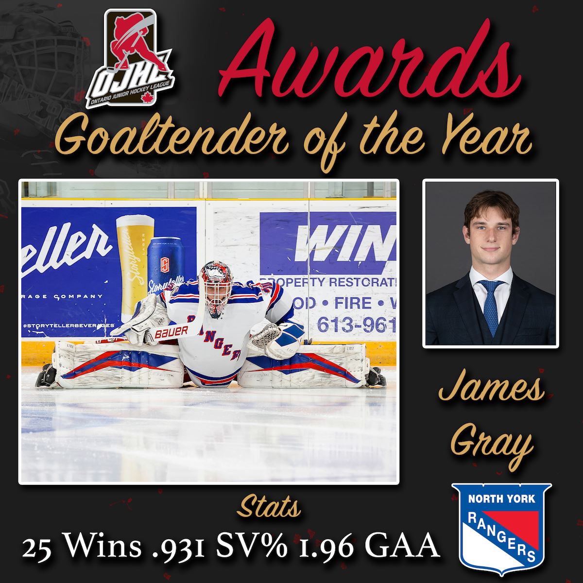 OJHLOfficial's tweet photo. Congratulations to OJHL Goaltender of the Year James Gray of the North York @OJHLRangers 
https://t.co/x0CZpMcTLR

#leagueofchoice #ojhl #awards https://t.co/W9AO00369R