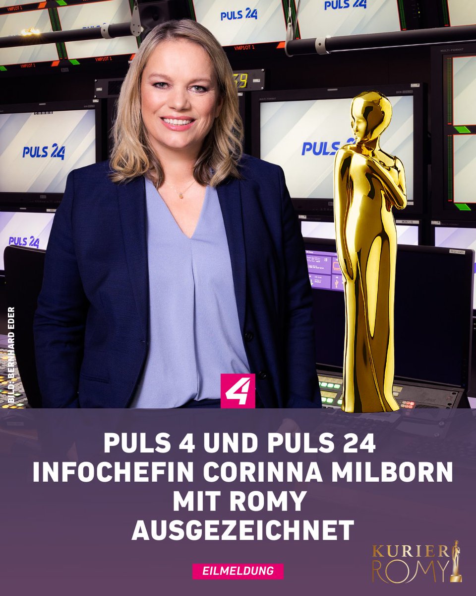 P7S1P4's tweet photo. 🏆 Die Romy für @corinnamilborn 🏆
10 Jahre @puls4, 3 Jahre @puls24news: Corinna Milborn hat eben als Infochefin der @p7s1p4 Gruppe die @kurierat Romy-Auszeichnung für ihren Einsatz gegen Fake News &amp; für seriösen Journalismus erhalten.
Wir gratulieren recht herzlich!🎉
#romy22 https://t.co/7Fx9C1YSAn