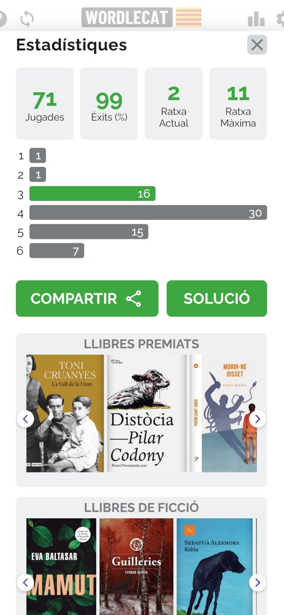 prat_cunill's tweet photo. @WordleCAT Feliç St. Jordi! #SantJordiWordleCAT La paraula d'avui m'ha sortit al tercer intent. Té relació amb la lectura i segurament n'hem escoltat o explicat molts. @Virgili7 https://t.co/NooTe9BEvh