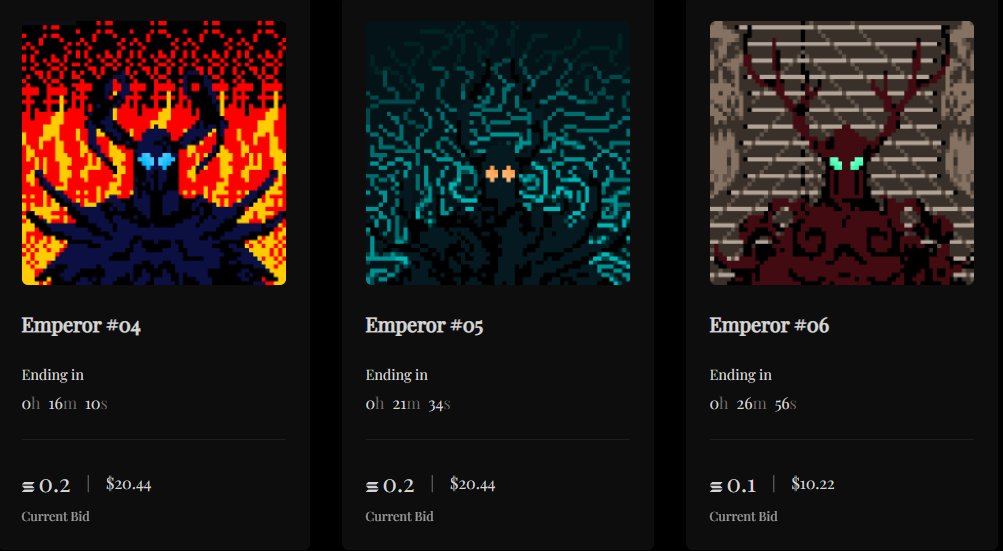 emperor404_'s tweet photo. 👾 30 minutes left for bid on @holaplex
 
Current bid :
Emperor #04 - 0.2 ◎
Emperor #05 - 0.2 ◎
Emperor #06 - 0.1 ◎

👾 https://t.co/Je8PTq7Tv4

#Solana #NFTCommunity #nftart #NFTartist #SolanaNFTs https://t.co/HS81CpuSPM