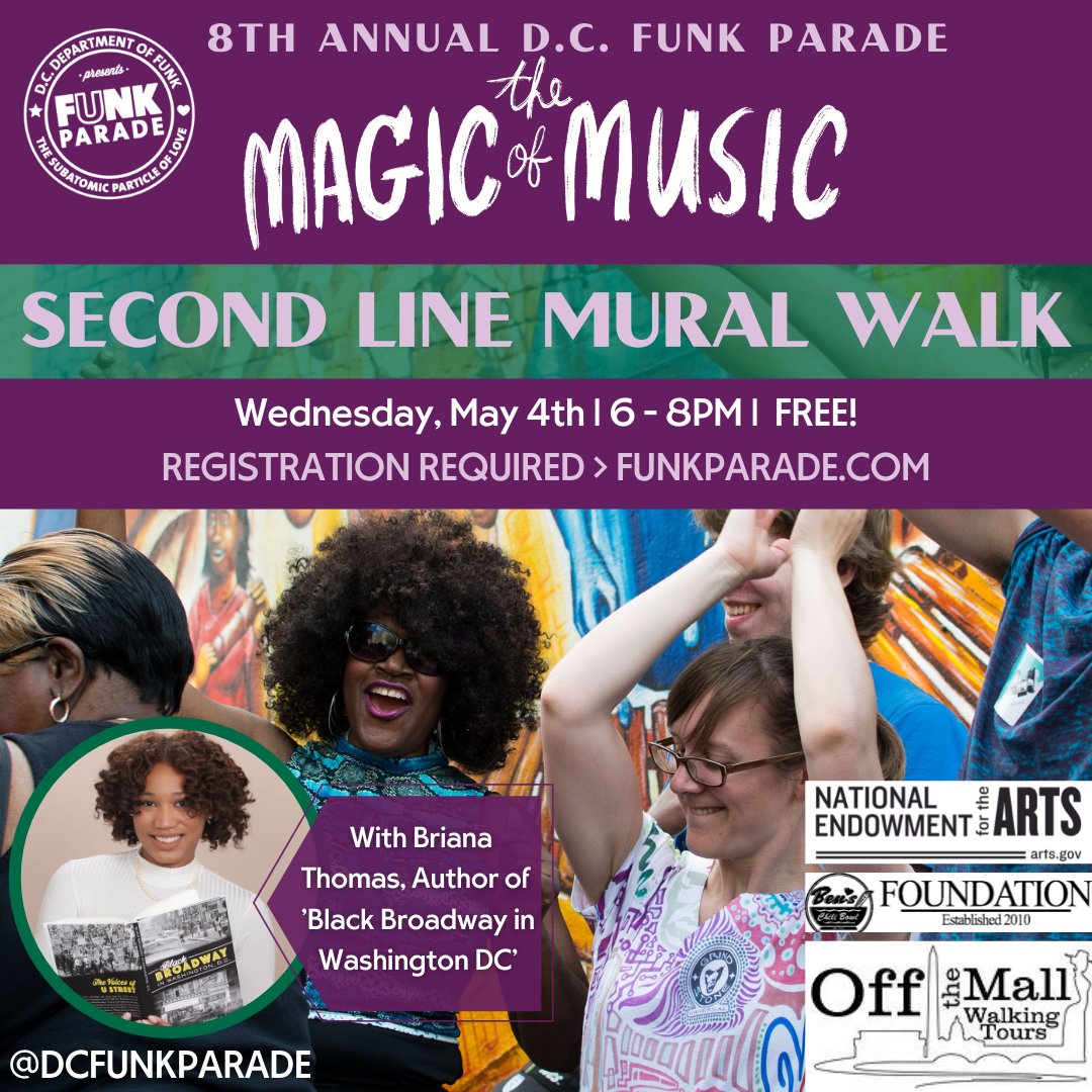 dcfunkparade's tweet photo. 👣 #MURALWALK 🎨 05/04 #REGISTRATIONREQUIRED
Excited to bring forward @Briatho, Author of "Black Broadway in DC" & @offthemalltours for a FREE mural walk of the inspiring murals in the #UST & #SHAW Corridor + #NOLAstyle 🎺 🎶 #SecondLine: https://t.co/jFTeTKT17s https://t.co/DabSKh2AoW
