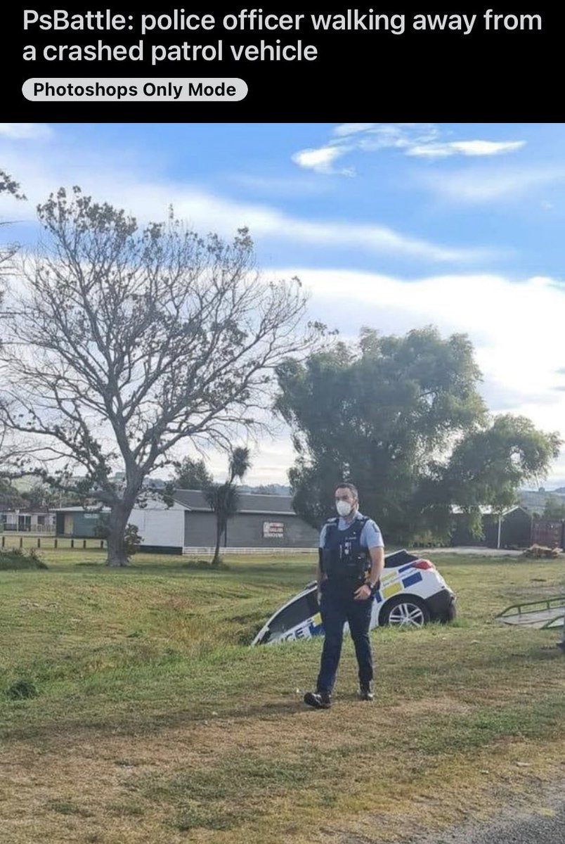 JimEdits's tweet photo. [r/Photoshopbattles] Police officer walking away from a crashed patrol vehicle. https://t.co/6IAYG0ZQgZ