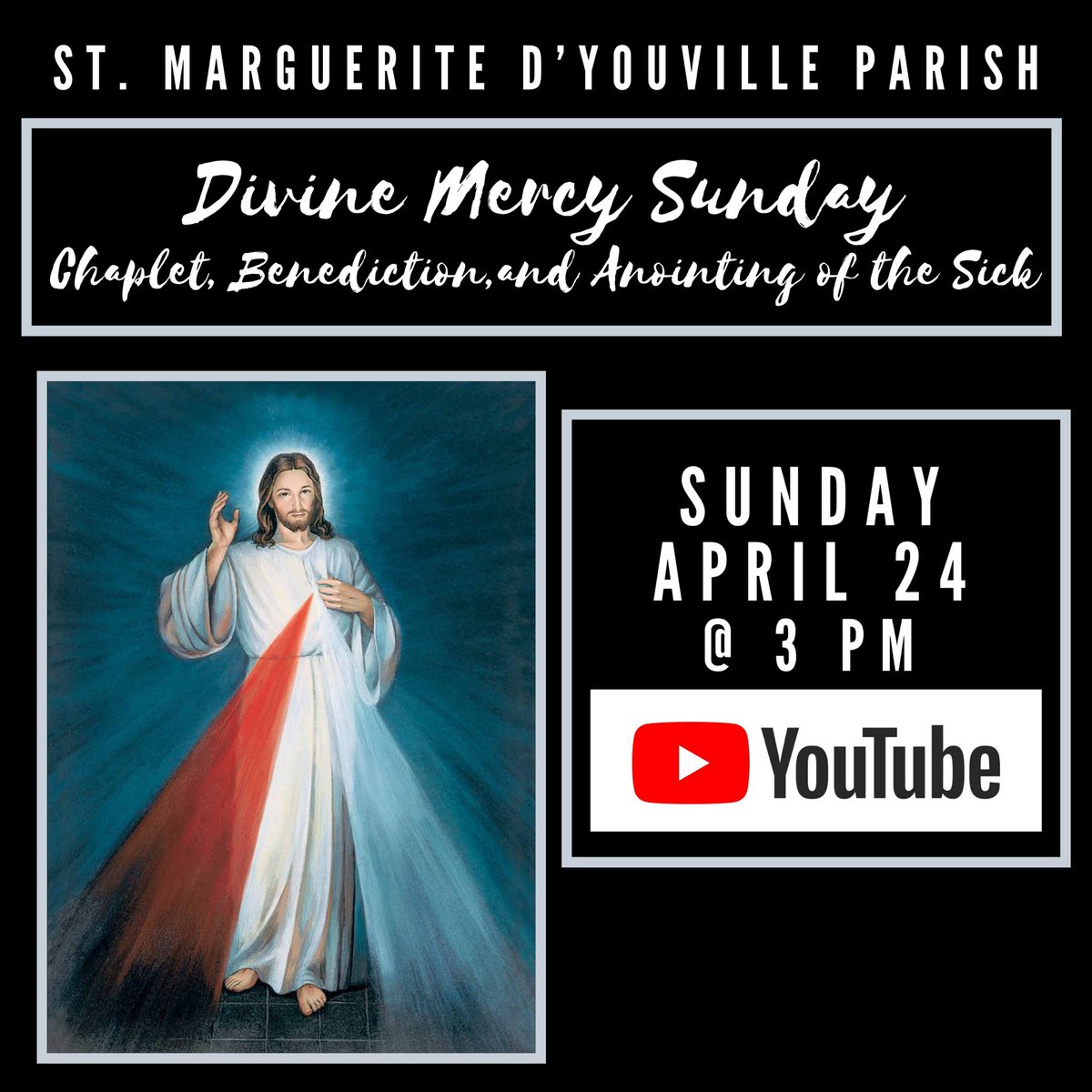 Please join us for the Chaplet, Benediction and Anointing of the Sick tomorrow at 3 pm.