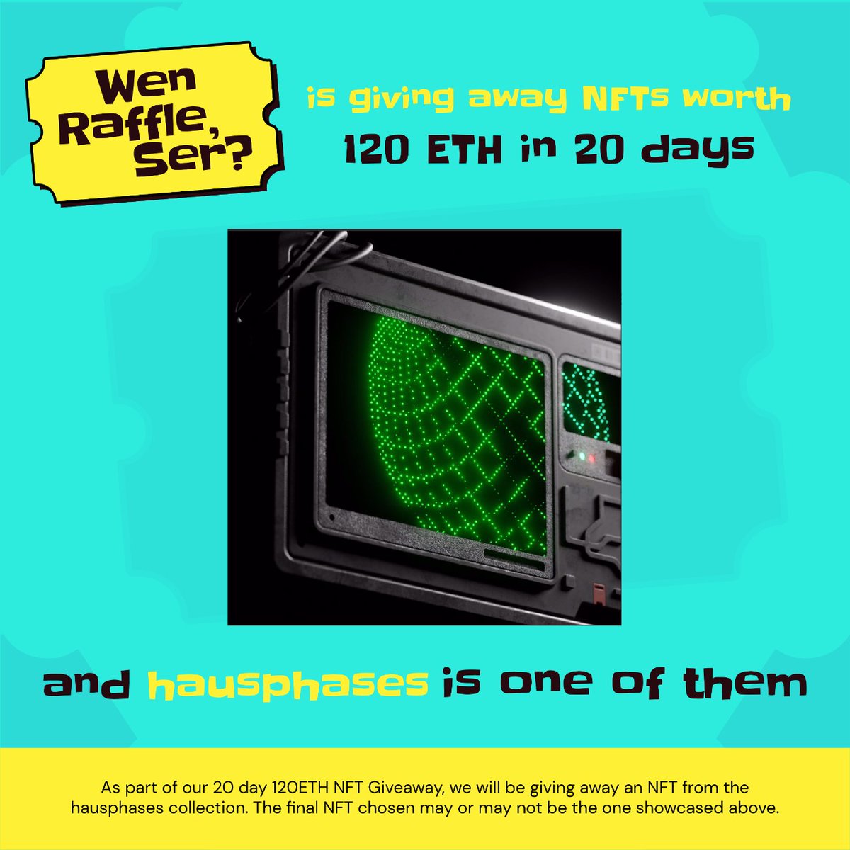 WenRaffleSerNFT's tweet photo. 📢120 ETH GIVEAWAY IN 20 DAYS📢

Our giveaway- hausphases by @haustwts
 
Win 5 #WL spots for @WenRaffleSerNFT

Winners in 24 hrs🎉

To enter
1⃣Follow @WenRaffleSerNFT
2⃣♥️ + RT + Tag 3 Frens
3⃣Join https://t.co/gp3bDS1alS

#NFTs #NFTCommunity #WLGiveaways  #NFTGiveaway https://t.co/dadpVcQqiW