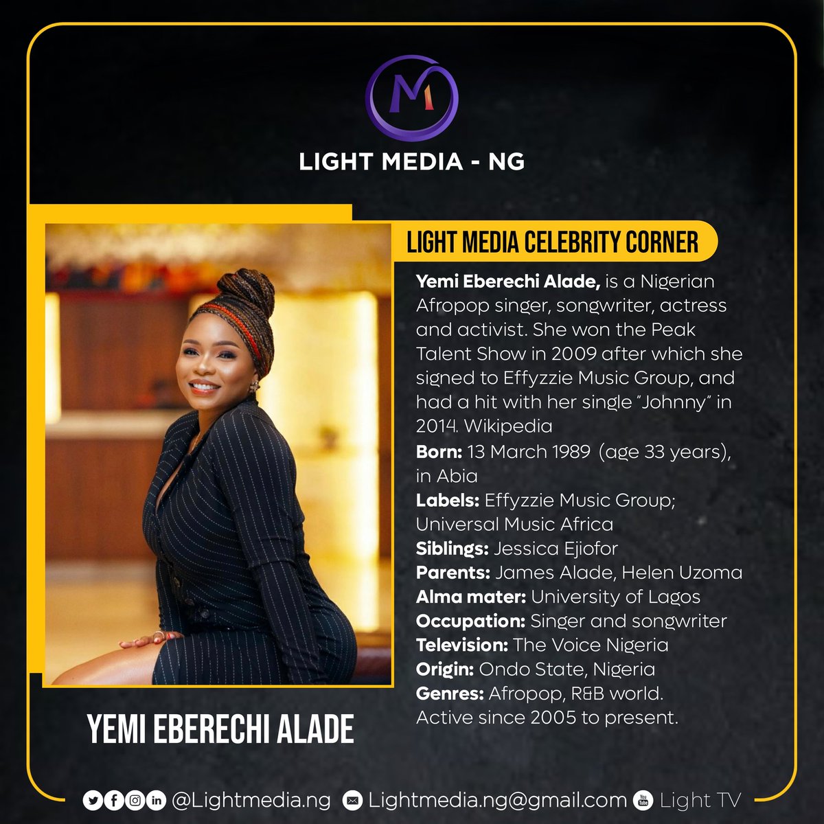 LightmediaNG's tweet photo. See who's in our celebrity corner today @yemialadee 
#lightmediacelebritycorner
#celebrity #9jacelebrities https://t.co/OR6ACpvFQI