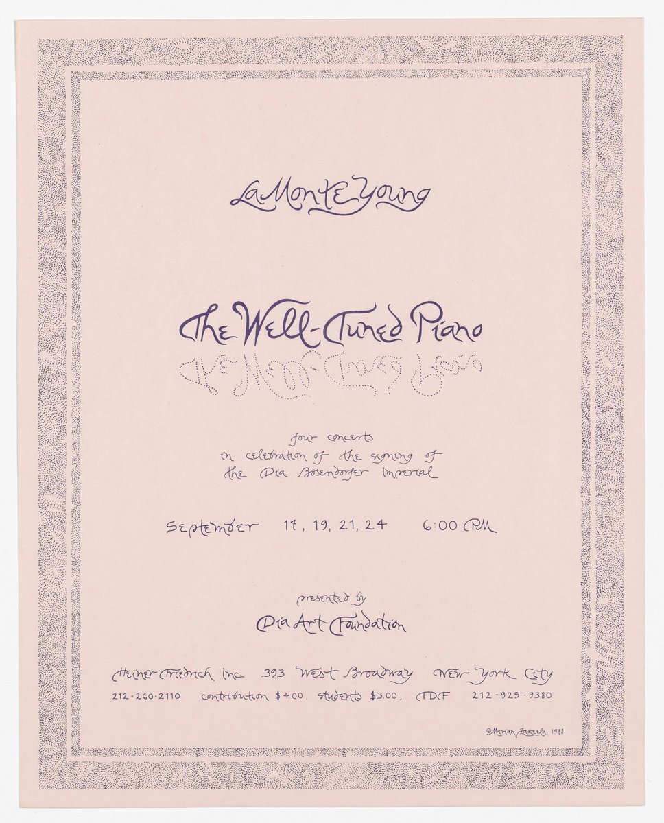 Thinking about Marian Zazeela’s gorgeous posters and lettering from the 70s. Zazeela and her husband La Monte Young were students of the reclusive and legendary Pran Nath, whose severe and challenging style they learnt and brought to western audiences.