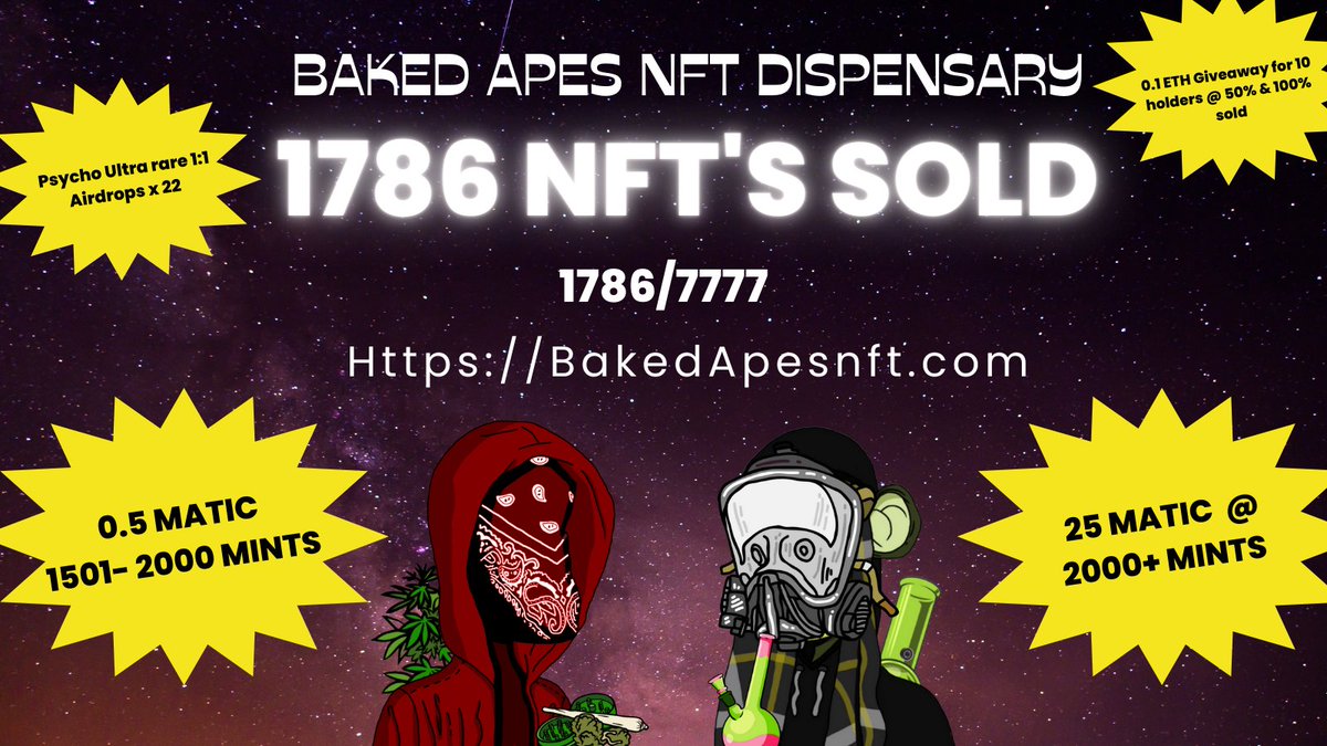 #FreeMint  ALMOST DONE !  HURRY #freemintlive 

Make sure you are on Polygon Main Network and have 0.5 matic fee per mint = 60 cents 🔥 

About 200 to go &amp; we hit PUBLIC SALE PRICING
 @ 25 MATIC 🔥

3 Psycho Baked Ape Airdrops today for holders only
#Mintingnow #NFTMintAlert #NFT