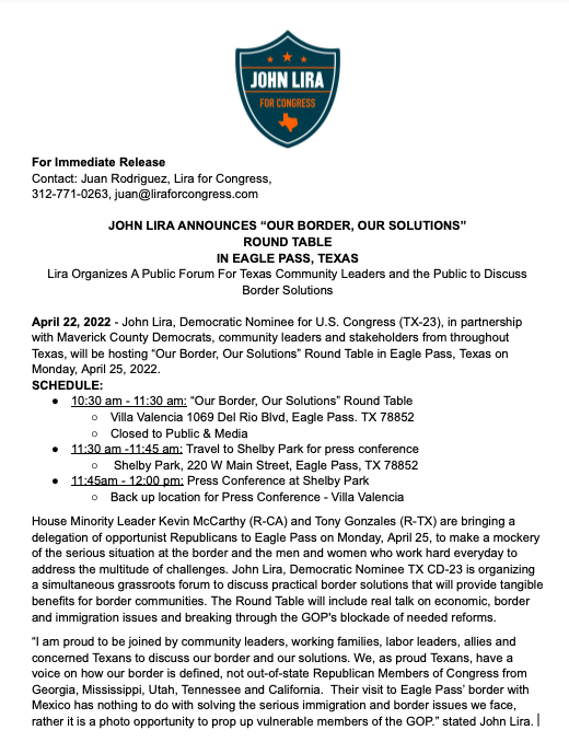 LiraForCongress's tweet photo. Join us in #EaglePassTX for the "Our Border, Our Solutions" on Monday, April 25!
Fear-mongering Members of Congress will not come to exploit #OurBorder or our @UBorderpatrol for cheap election year photo opportunities. We have a Voice! ✊🏽 🇺🇸 https://t.co/Blb2c9zh1C