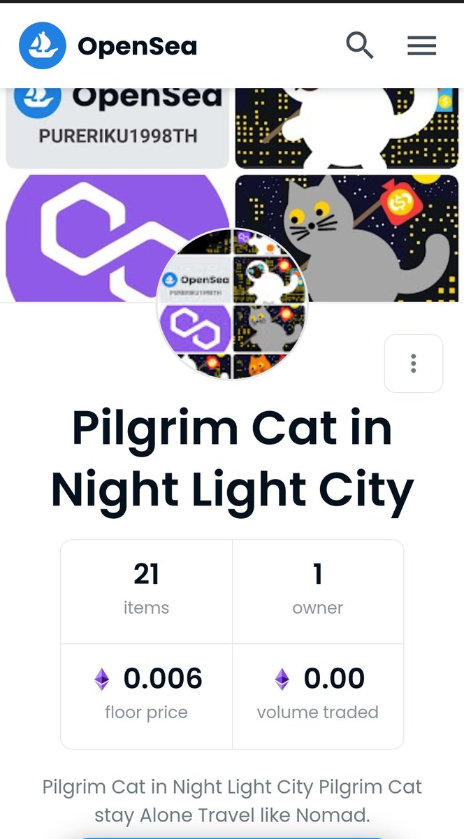 🐱🙏🐱🌟🌟 
( New Drop Update 23/4/2022 )
Pilgrim Cat in Night Light City Collection (Opensea.io)
 ( new drop # 20/# 21)
Price 0.006 ETH on Polygon
Link:opensea.io/collection/pil…
#NFTTHAILAND #NFTThaicommunity #NFTthaiartist #NFTCollection #NFTsales #OpenSeaPolygon