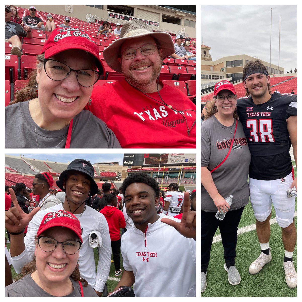 NancySchunke's tweet photo. TTU Spring football with my hubby! Got a huge blessing today as I got to meet players I have been praying for through #SidelineSupporters, over the years! @JettWhitfield7, @natekeyon8 and @SJohnson_7 , who is a coach now! It’s been a simply beautiful day! God is Good! https://t.co/MgJ3MmB7cr