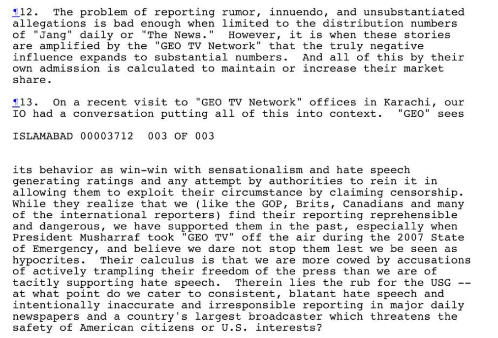 '"GEO" sees its behavior [reporting rumors, innuendo, and unsubstantiated allegations] as win-win with sensationalism and hate speech generating ratings and any attempt by authorities to rein it in allowing them to exploit their circumstance by claiming censorship.'