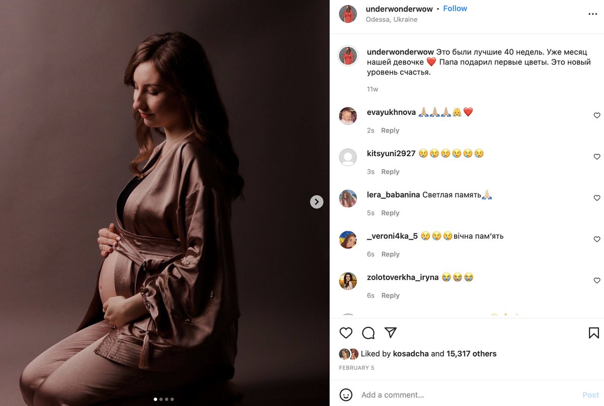 "These were the best 40 weeks ever. Our girl is 1 month old now. Daddy got her her first flowers. It's a whole new level of happiness." (posted 11 weeks ago)

Today both the woman who posted it and the baby she's writing about were killed by a Russian missile in Odesa.