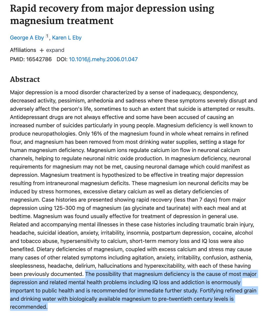 A 2006 study showed that magnesium deficiency was the cause of severe depression and IQ loss. Just 200mg magnesium per meal RAPIDLY reversed it.

All the cures are out there...nobody is interested in talking about them.