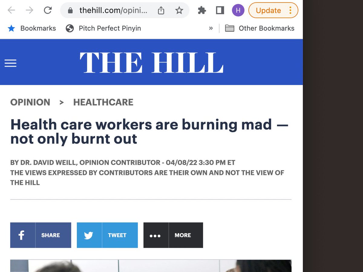 From <a href="/davidweillmd/">David Weill, MD</a> on physician burnout: ‘...most healthworker dissatisfaction driven by external forces, such as profit over purpose...as well as tyranny of EHR which has done more to disassociate provider from her mission than anything that has come along in medicine.’ <a href="/thehill/">The Hill</a>