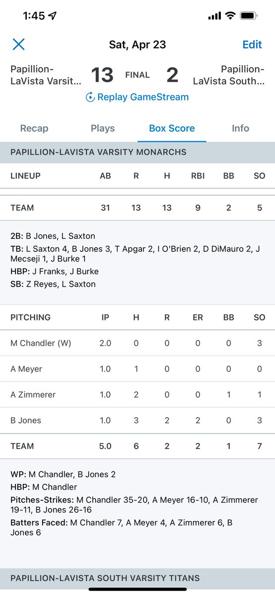 Final from Monarch Invite in 5 innings:

Monarchs-13
Papio South-2

Saxton- 3 hits
B. Jones- 3 RBI’s
Chandler picks up W on the mound. 

Monarchs back in action Monday @ 5 pm vs. Elkhorn at Fricke Field. 

#WeArePLV
