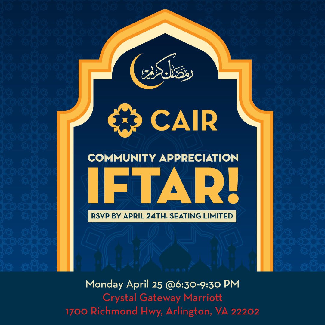Register for our community #iftar on Monday in Arlington, #Virginia! Registration closes Sunday night and seating is limited to make sure you register now!
action.cair.com/a/cairiftar