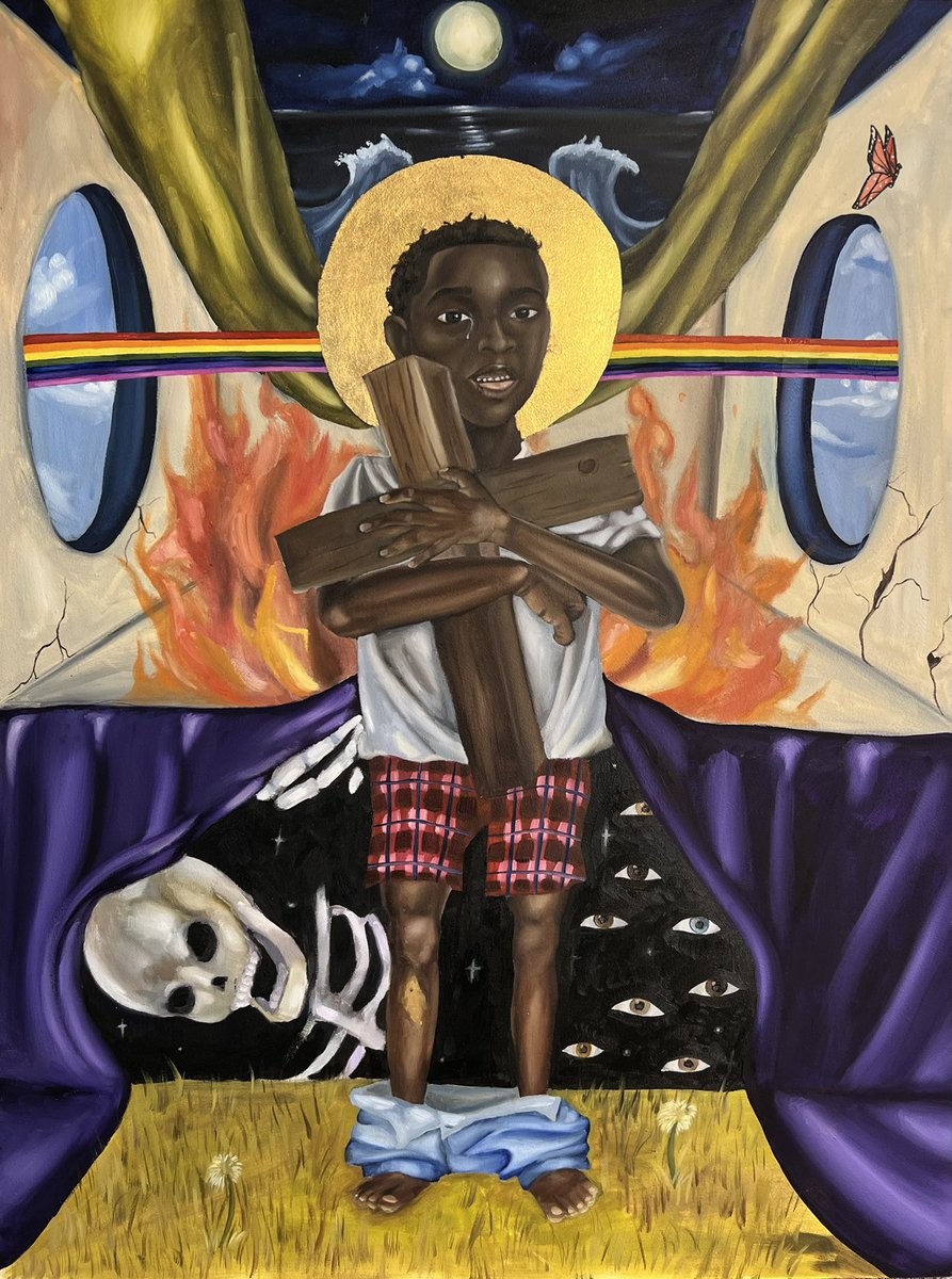 iamrobertxavier's tweet photo. I THINK I FOUND YOU. oil &amp; gold leaf on wood. 2020-2022. 36in x 48in. 

he started in the darkest time of my life &amp; was finished in the brightest part of my journey thus far. he’s apart of a bigger picture, but still holds his own picture…

inspiration by: Tyler Ballon https://t.co/4wbsbTOoCC