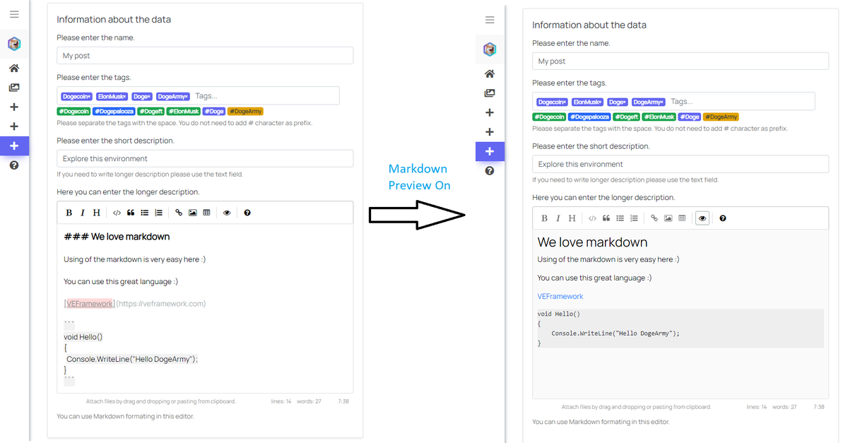 In new app you can use the #Markdown easily including the preview 😍
Creating #NFT Posts has never been easier 🙏

#Crypto #Dogecoin #Neblio #NFTs #OpenSource #VEFramework #Microsoft #dotnet6 #Blazor 
<a href="/elonmusk/">Elon Musk</a> <a href="/dotnetfdn/">.NET Foundation</a> <a href="/msdev/">Microsoft Developer</a> <a href="/dogecoin_devs/">Dogecoin Developers</a> <a href="/Dogepalooza/">Dogepalooza</a>
