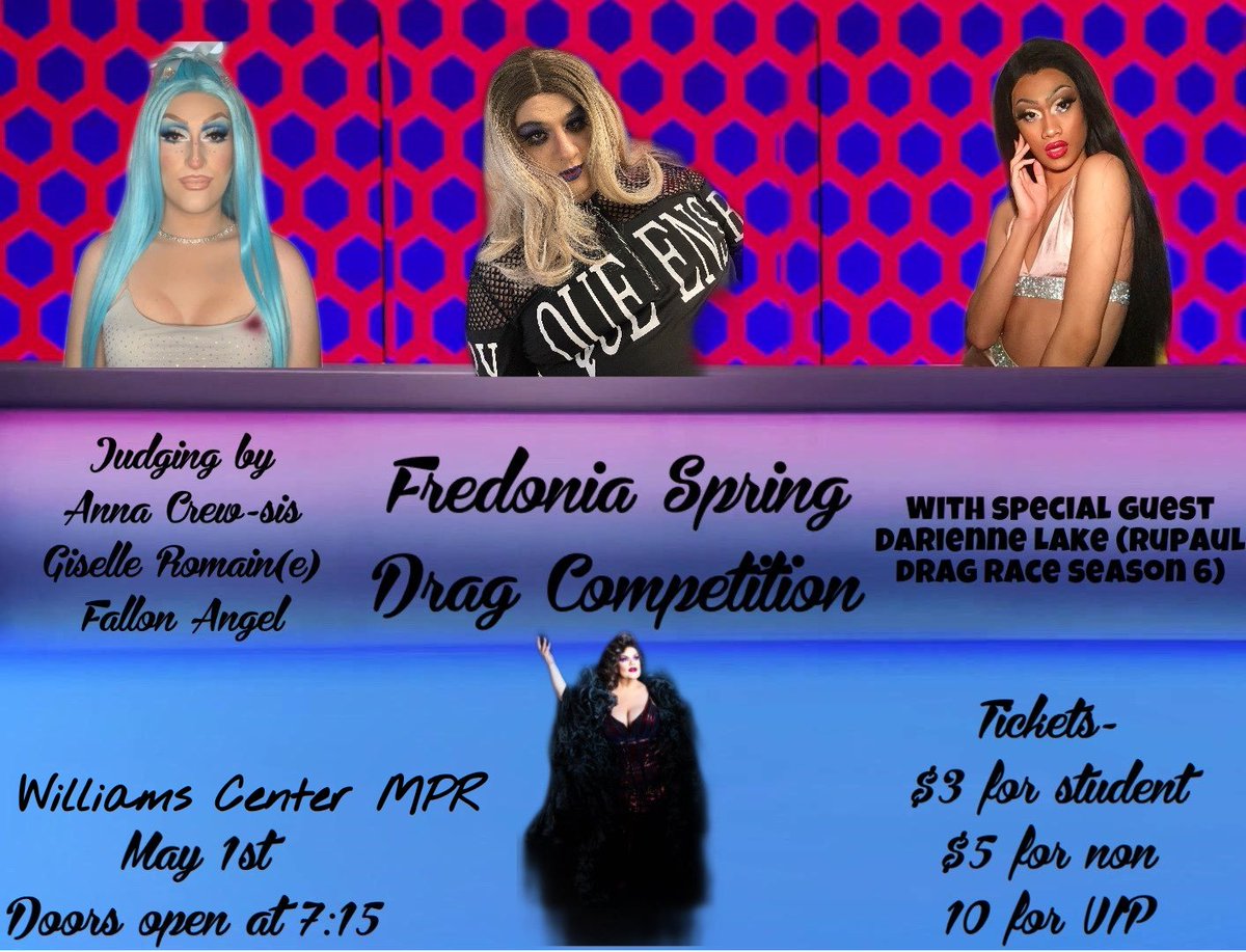 PrideAtFredonia's tweet photo. We are so excited to announce this semester's drag competition! We have some amazing performers, along w/ incredible guests coming including RPDR S6 Alumni @dariennelake !! https://t.co/BjdfPNeTfW