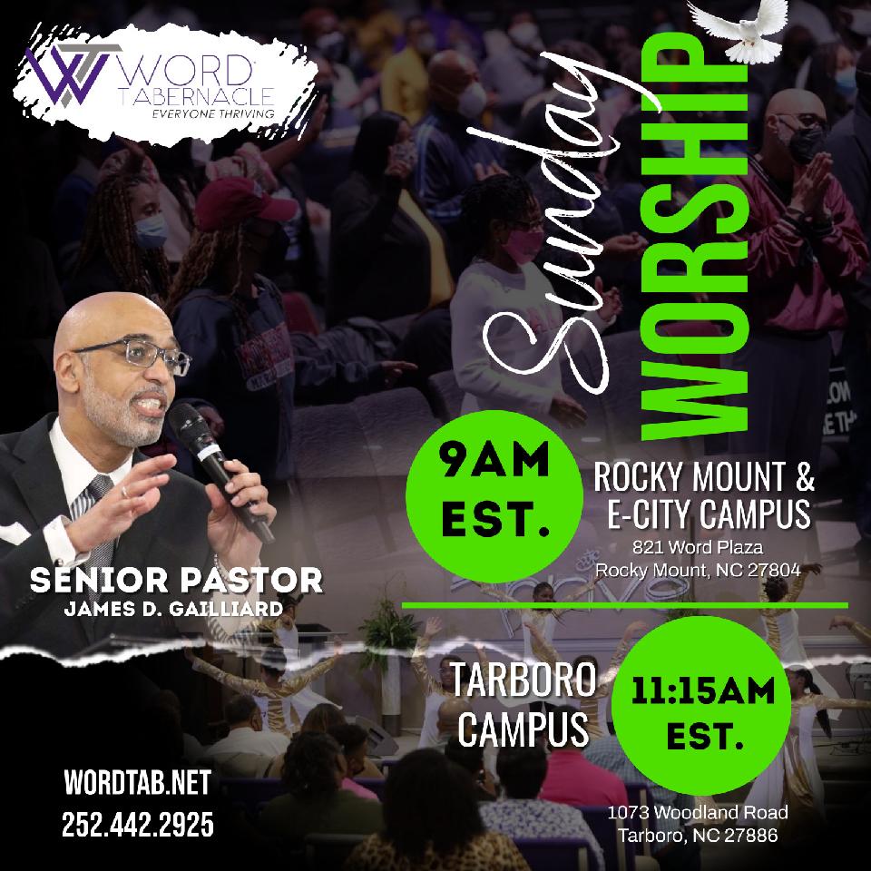 WordTab's tweet photo. SUNDAY is fast approaching! Join us for PRAISE, WORSHIP & THE WORD on one of our 3 campuses:
π9AM~821 Word Plaza, Rocky Mount NC 27804
π11:15AM~1073 Woodland Rd, Tarboro NC 27886
π» 9AM~E-CITY on YouTube/FB/Twitter
#EveryoneThriving #WordTab #worshipandtheword #GODISAWESOME https://t.co/Hk206nFs3m