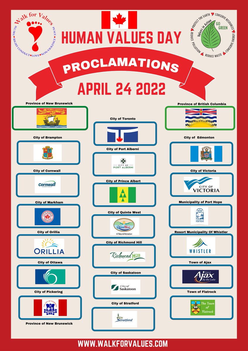 walkforvalues's tweet photo. PROVINCE AND MUNICIPALITY ACROSS CANADA PROCLAIMS APRIL 24, 2022 ~ HUMAN VALUES DAY ~

#WorldHumanValuesDay #HumanValuesDay #ValuesWithoutBorders #WalkForValues #Values #April24 #Canada https://t.co/2Rxe7p7tLS