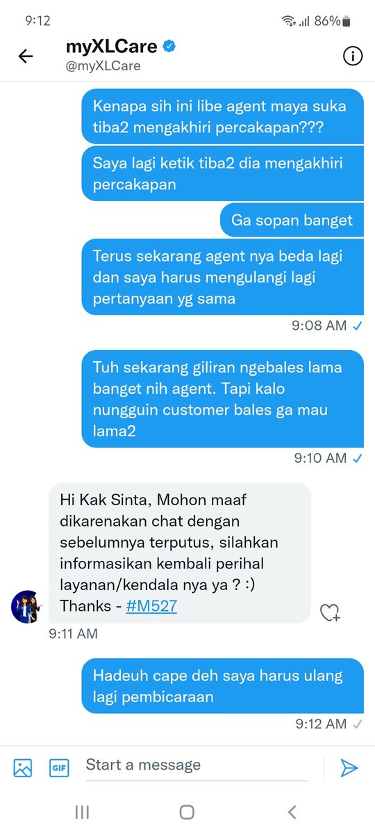siintadewi's tweet photo. Ini kenapa sih ya live agentnya seperti ini? Customer lagi ketik permasalahannya tiba2 si agent mengakhiri percakapan. Ngetik kan butuh waktu kalo panjang. Jadi kan harus ngulangi lg keluhan dr awal lg kalo beda agentnya. Udah 3x loh ini @myXLCare https://t.co/h7G3PsjW8z