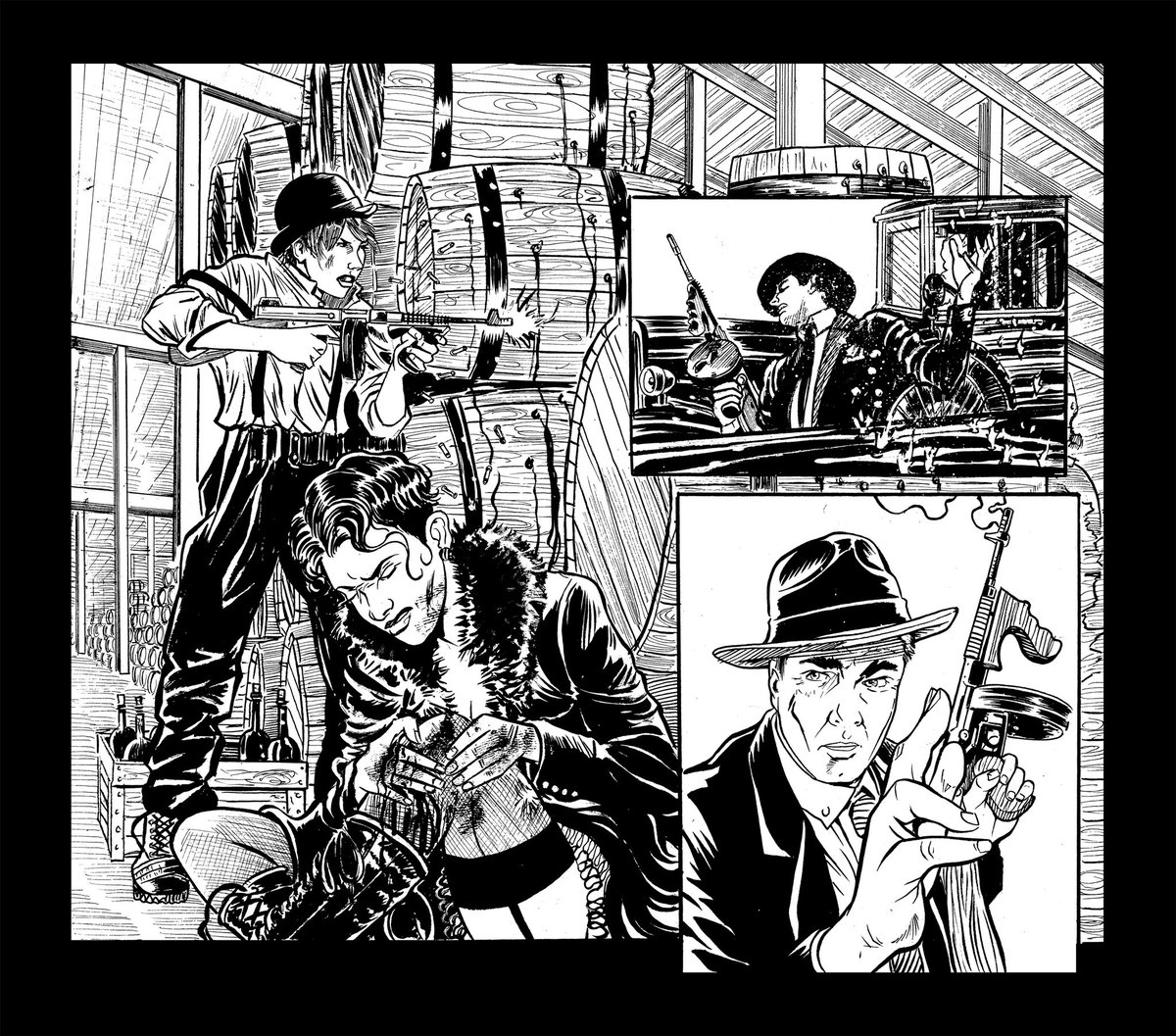 dcooneyart's tweet photo. Preview—pen and ink page from The Tommy Gun Dolls Vol 2, a 1920s graphic novel crime story. #penandink #flapper #burlesque #1920s #graphicnovel #comics #bootleggers #comicbooks #linedrawing #blackandwhite #penart #pendrawing #rotringpen #sablebrush #inkart #inkdrawing #noir https://t.co/5povfug7T4