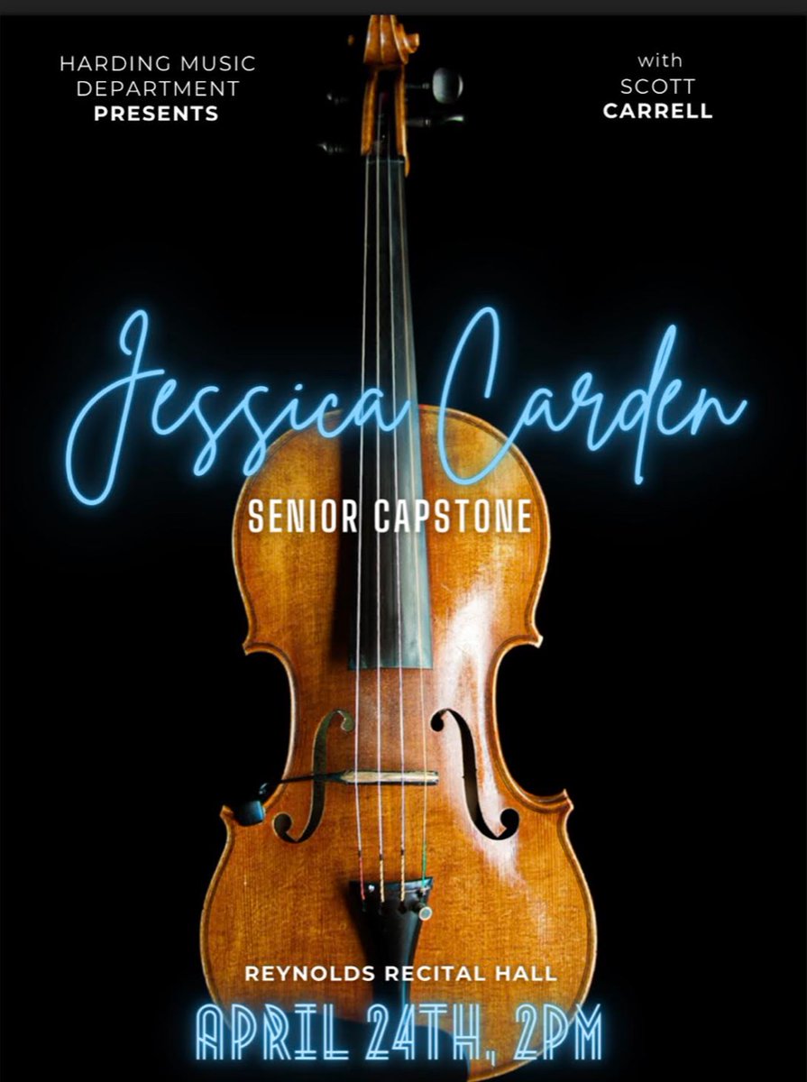 Hardingumusic's tweet photo. Continuing a busy weekend here at the Department of Music is a Senior Capstone Presentation by violinist, Jessica Carden. Jessica's presentation will be held Sunday, April 24th at 2 PM in the Reynolds Recital Hall and will be live-streamed on HU 16. We hope to see you there! https://t.co/YooxNSey9b