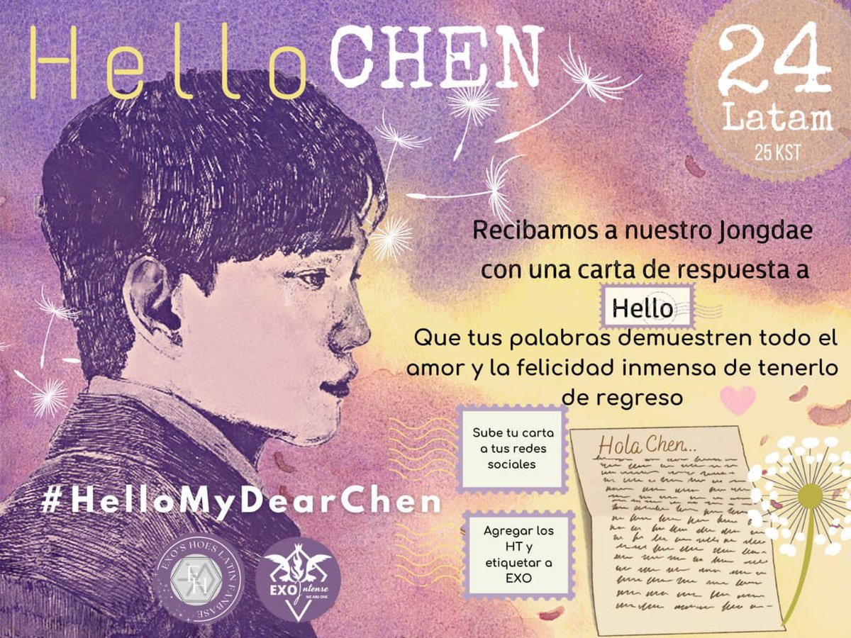 EXOL_INTENSE's tweet photo. ¡EL DÍA TAN ESPERADO ESTÁ CERCA!🎉

Nuestro #CHEN estará de regreso y para celebrarlo, le contestaremos esa carta incompleta que él nos dejó en su video “HELLO”✨

Con todo tu corazón y con esa ordinaria palabra que es «HOLA»…escribe esos sentimientos que te genera su regreso💛 https://t.co/6bsTuFVRvo
