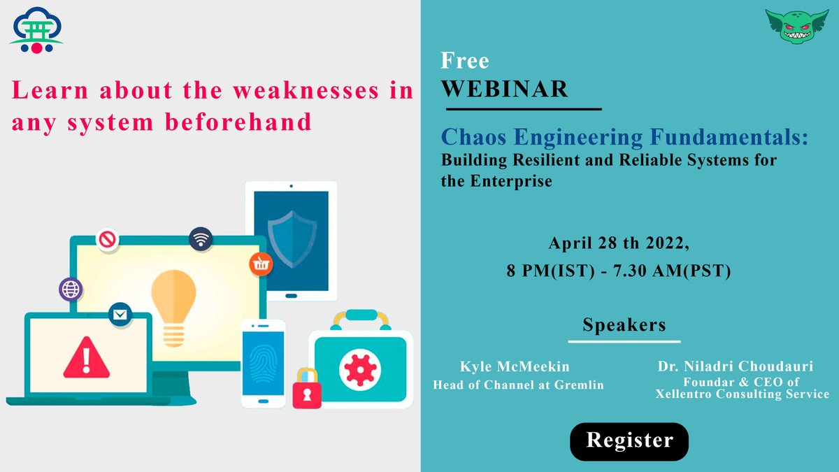 Vir_PlayGround's tweet photo. Use Chaos Engineering to know the weaknesses in the system much earlier. Join free webinar on Chaos Engineering Fundamentals with Kyle &amp; Dr.Niladri on 28 April @ 8PM(IST)- https://t.co/CykPCZY31d 

#gremlin #chaosengineering #devops #devsecops #sitereliabilityengineering https://t.co/hno9CuS8nH