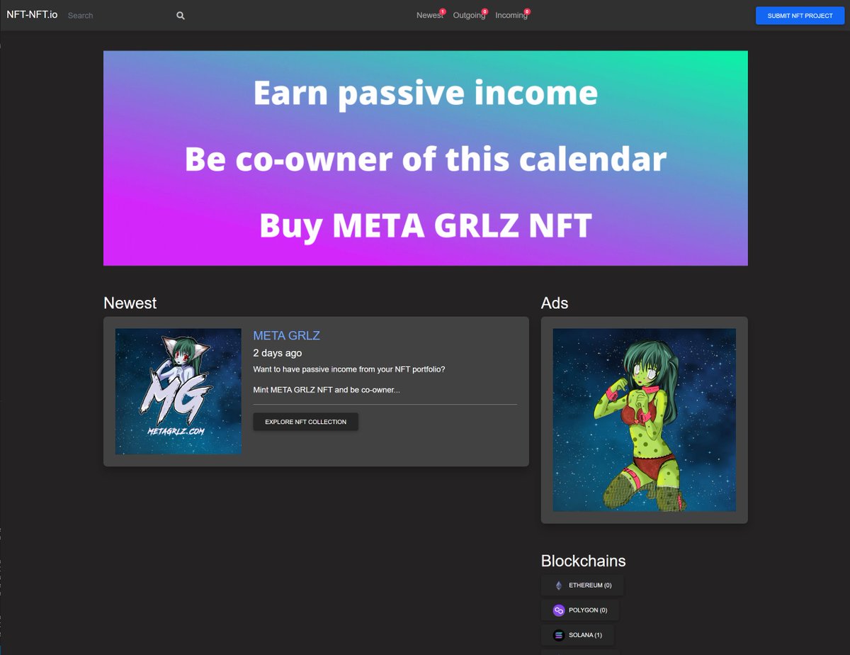 Our NFT calendar is live 🚀
nft-nft.io

Submit your NFT collection for FREE

Join our discord 🔥🔥🔥
discord.gg/VXmadRzEnJ
 
Be co-owner by minting META GRLZ NFT (minting soon)

#nft #nftcalendar #nfts #nftcollection #nftartist #nftcommunity