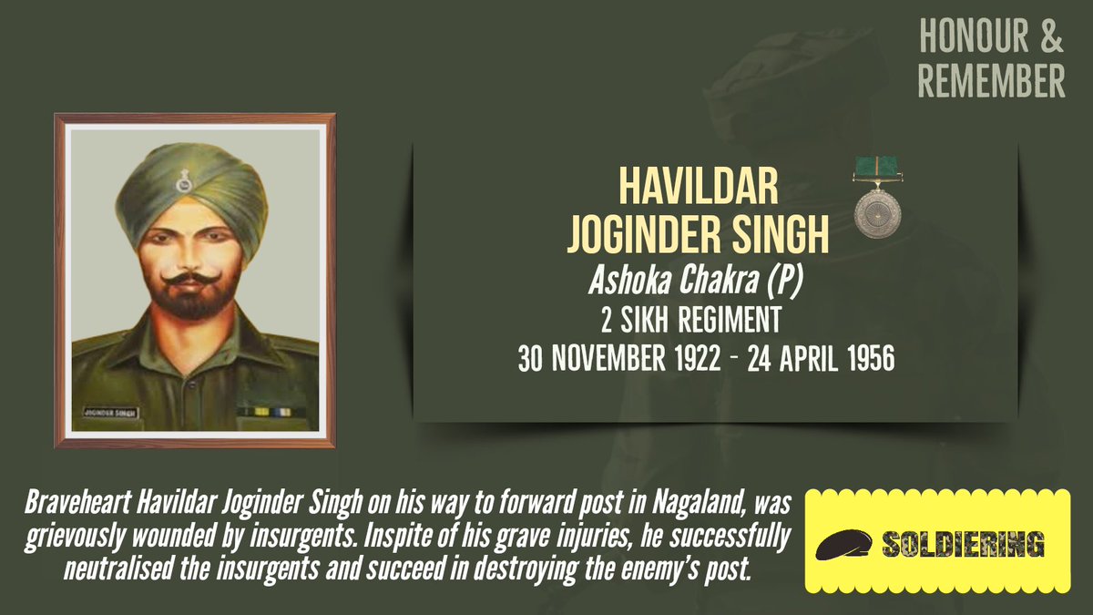 Today, we honour and remember #Braveheart Havildar Joginder Singh, #AshokaChakra (P) of 2 #Sikh regiment who fought gallantly against insurgents before making ultimate sacrifice on 24 April 1956. The nation will never forget his bravery and sacrifice. #JaiHind🇮🇳 <a href="/atahasnain53/">Syed Ata Hasnain</a>