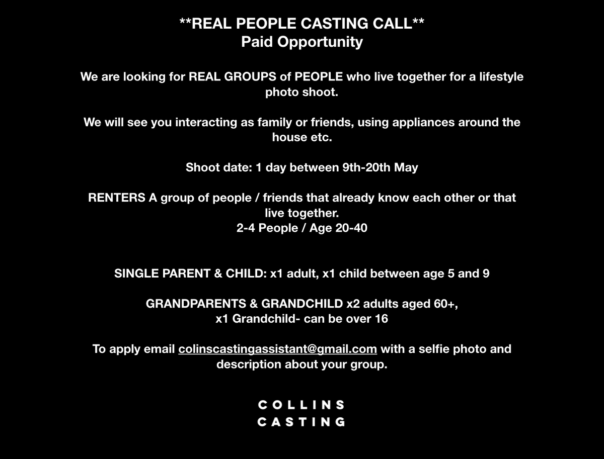 #Castingcall #realpeoplecasting We are casting real families and groups of friends for a lifestyle photoshoot. To apply and see info attached. Collinscastingassistant@gmail.com