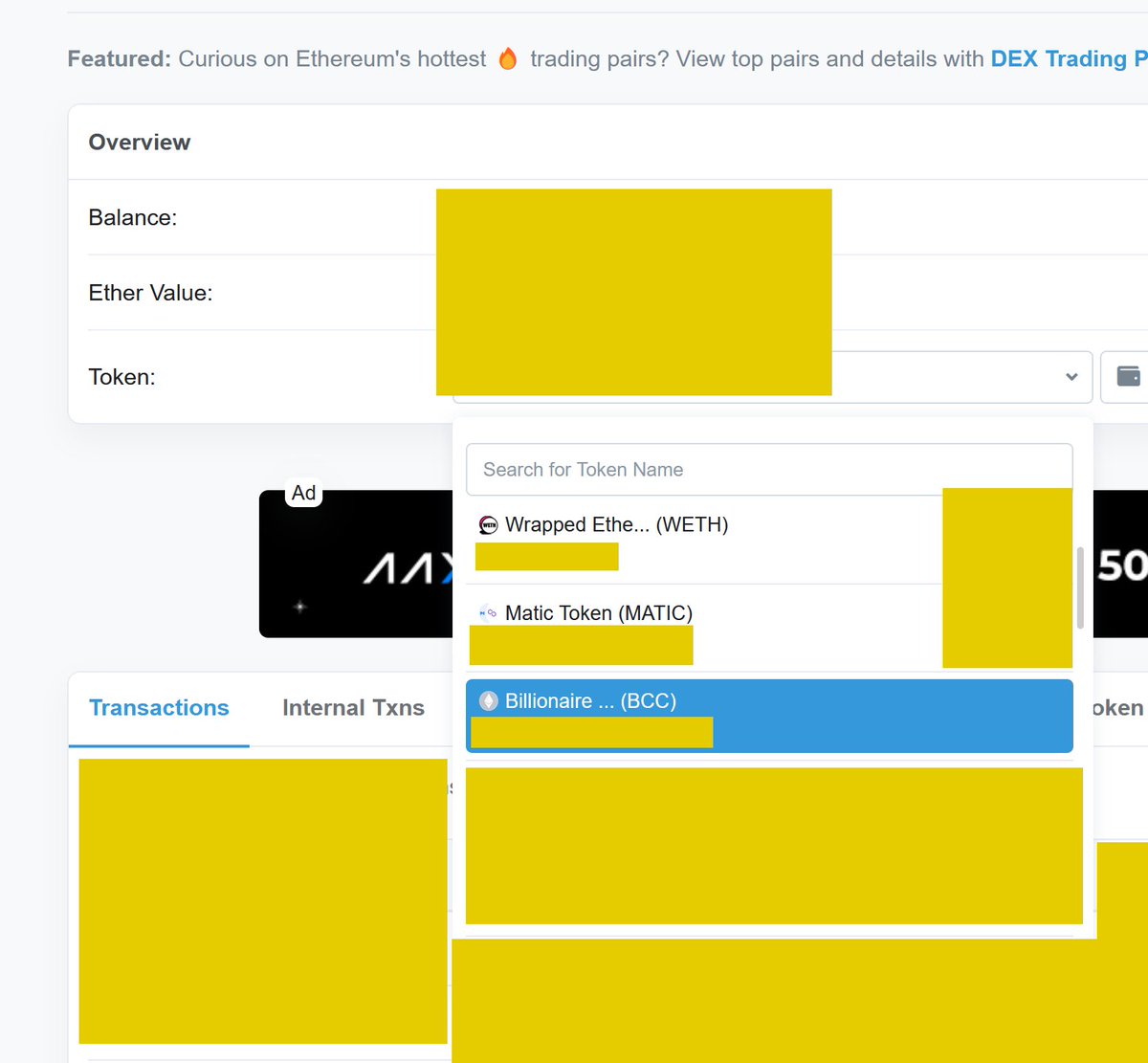 bccNFTaudit's tweet photo. Once you're viewing your own wallet in Etherscan you click on the token selection drop down box. From there you can scroll through your assets. You SHOULD have (BCC) tokens listed. Check your total. https://t.co/XxVe8hE05M