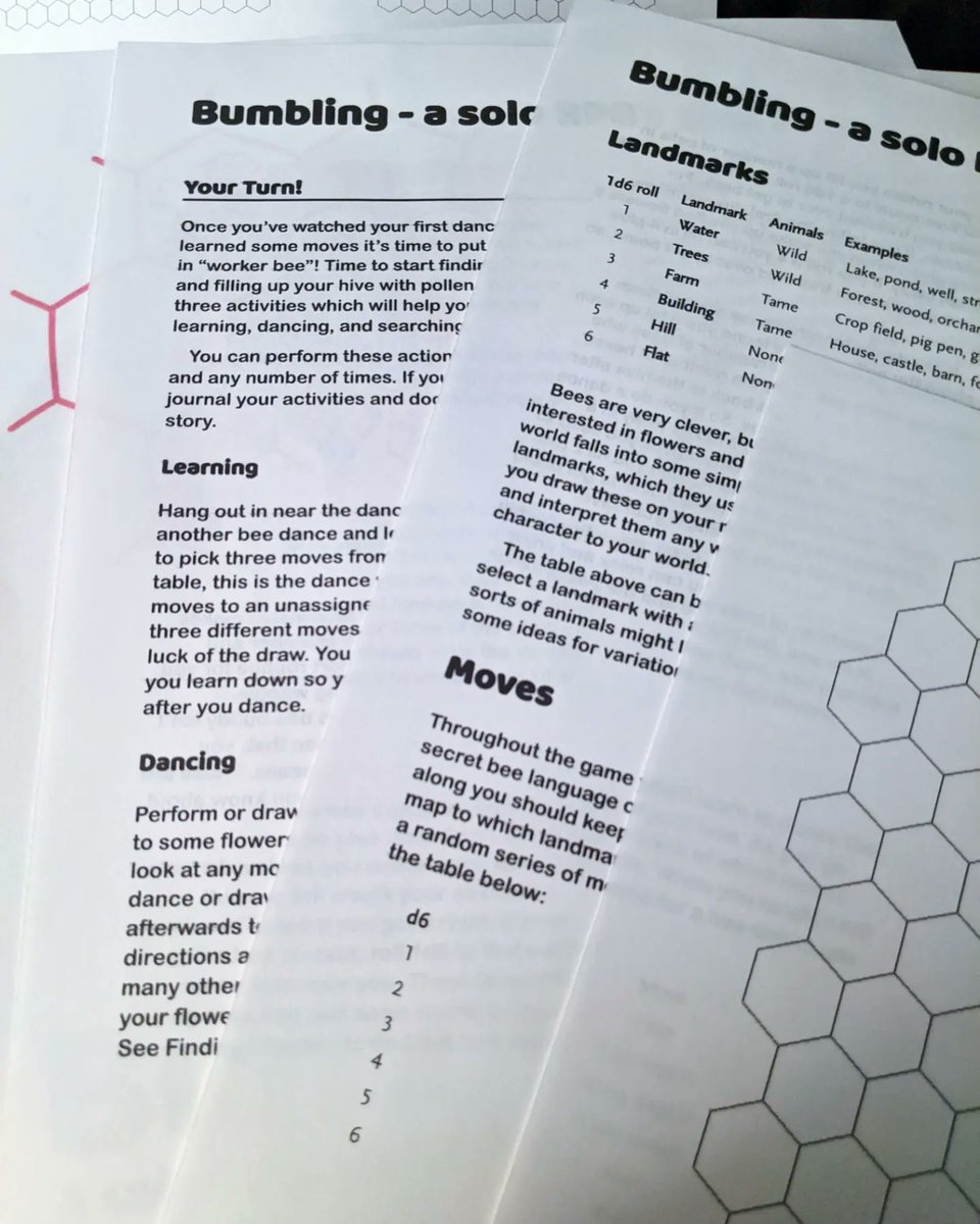 ToPlayIsHuman's tweet photo. I'm a 🐝! #Bumbling is a #soloRPG by Yrvis Burke about being a bee and finding flowers so you can collect pollen for your hive. As you play, you illustrate a map with landmarks while learning 🐝 dances so you can retrieve pollen! #ttrpg #microRPG
https://t.co/ZS5uO4iVgL https://t.co/lPGXsZ8IQD