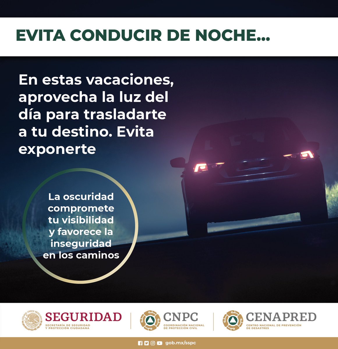 CNPC_MX's tweet photo. ⚠️ El riesgo de tener un accidente con víctimas mortales es 3️⃣ veces mayor en horas nocturnas que durante el día, ya que intervienen aspectos como 😴 el cansancio y 🌃 la oscuridad. https://t.co/4B1bZLTDab