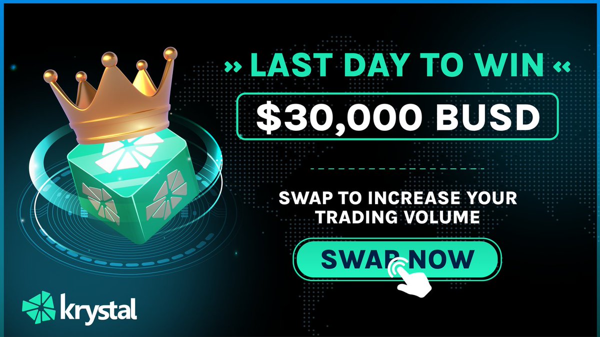 🚨LAST DAY OF KRYSTAL TRADING COMPETITION! 🚨

🏆 Don't miss your chance to win $30,000 in prizes: x.com/KrystalDefi/st…

🔀 Swap ANY token on ANY chain to increase your trading volume
🤟 Swap NOW: defi.krystal.app/swap

🤟 Ends: 24 April 2022 23:59 (GMT +8)
#crypto #trading