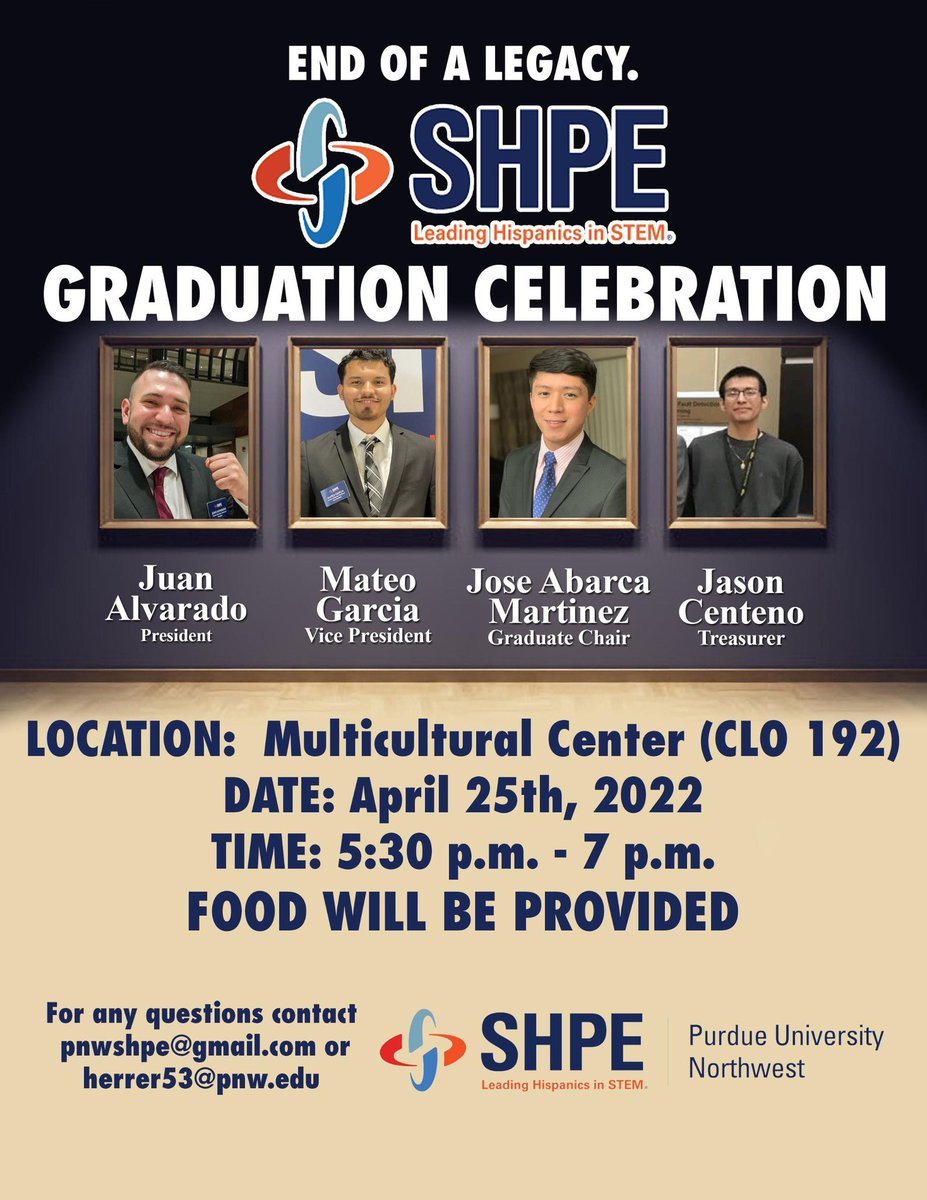 SHPE_PNW's tweet photo. Congratulations to our graduating SHPE board members👨🏽‍🎓💛🖤 
Come celebrate their outstanding achievement with food and drinks.
@PNWEngine 
@SHPE
#shpe #STEM #graduation2022 https://t.co/kfyKbElsls