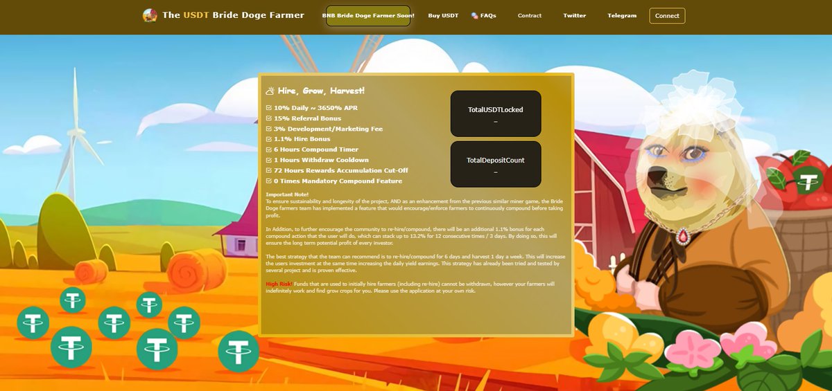 NEW UPCOMING!!  USDT Farm #BrideDoge

🐶 Earn up to 10% daily
🐶 15% Referral Bonus
🐶 Fees 3%
🐶 On the BSC Mainnet
🐶 Launch in less then 12 Hours

usdtfarm.bridedoge.xyz