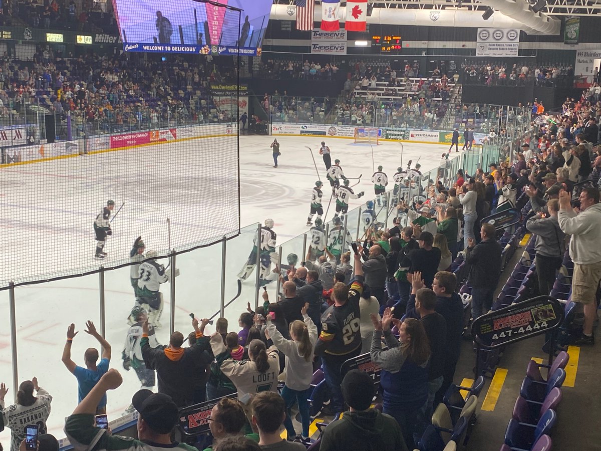jeje66's tweet image. Well that’s a hell of a time to score your first USHL goal! D-man Will Brenner wins it 1:24 into OT. @ridertownusa 4, Dubuque 3. CR finishes regular season 29-29-2-2. CR and Muskegon in playoffs. Victory lap around the rink. Cool.
