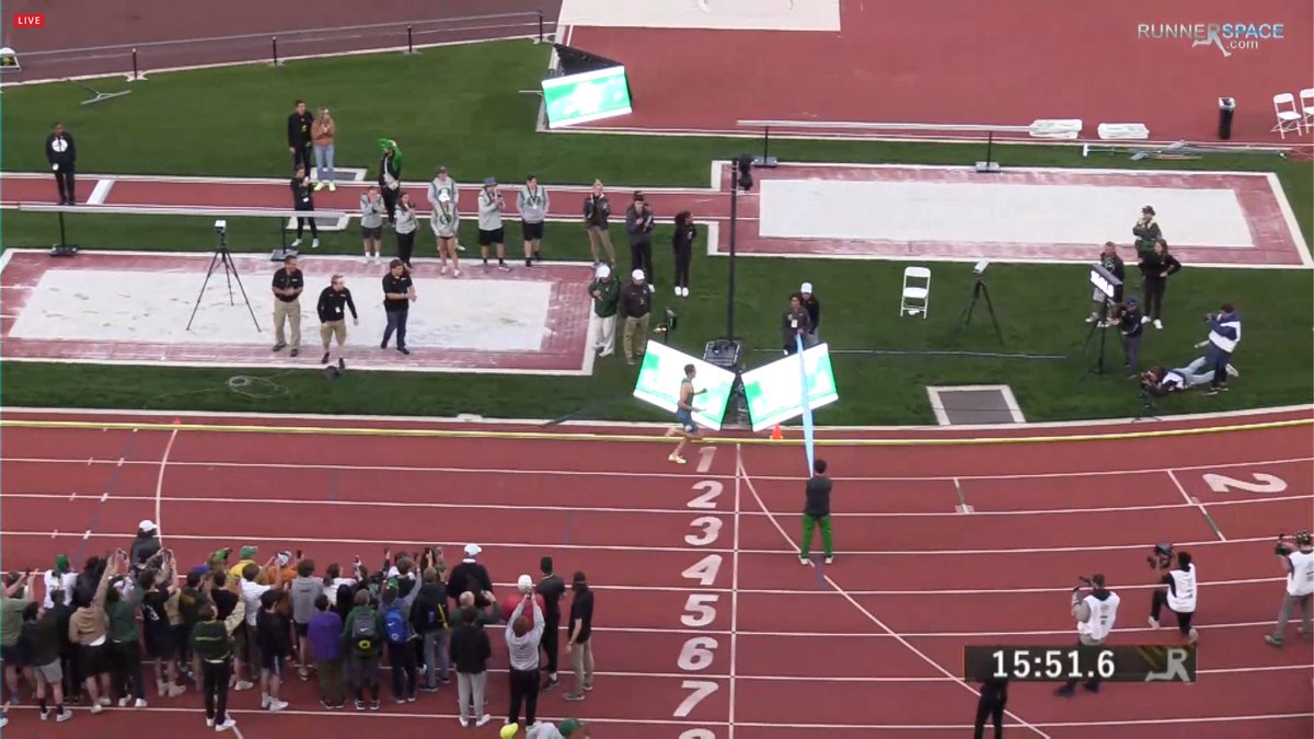 jgault13's tweet photo. The "Duck Track Club" comes up just short in its 4 x mile world best attempt, running 15:52.05 at the Oregon Relays. World best is 15:49.08 by Irish squad from 1985.

Duck TC splits:
Matt Wisner 3:59.69
James West 4:01.81
Cole Hocker 3:57.31
Cooper Teare 3:53.24 https://t.co/WhUXBGaqz3