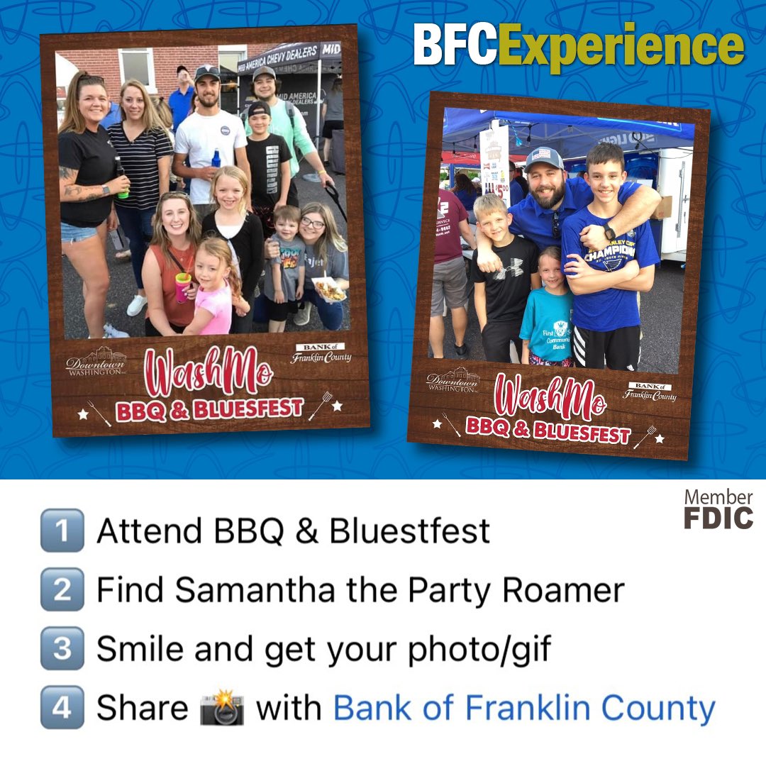 Bank_of_Frank's tweet photo. Still time to get your official BBQ & Bluesfest photo!
@downtownwashmo
#bfcexperience #communitybank #photobooth #bbq https://t.co/baO5xA9DEP