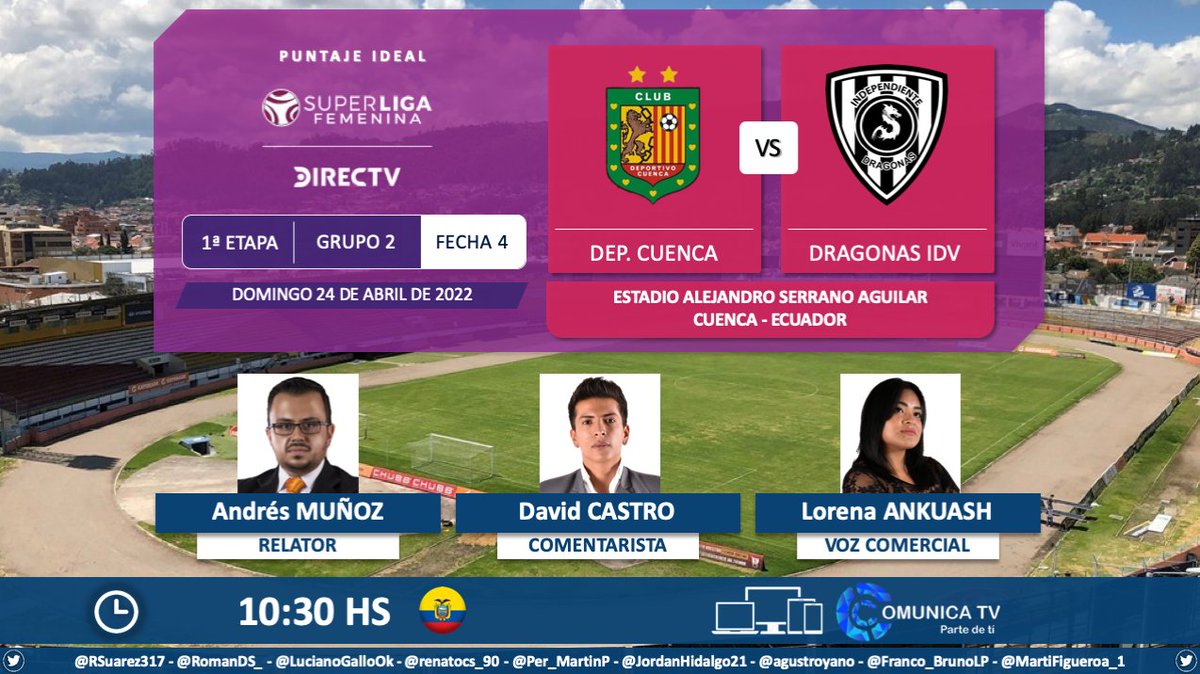 PuntajeIdealEC's tweet photo. ⚽ #SuperLigaFemenina 🇪🇨 | @CuencaFemenino vs. @DragonasIDV
🎙 Relator: @andresmunoza
🎙 Comentarista: David Castro
🎙 Voz Comercial: Lorena Ankuash
💻📱 #ComunicaTV (redes sociales @ComUPSCuenca)
🤳 #ComunicaciónSalesiana
Dale RT 🔃 https://t.co/ofTxWm8ORd