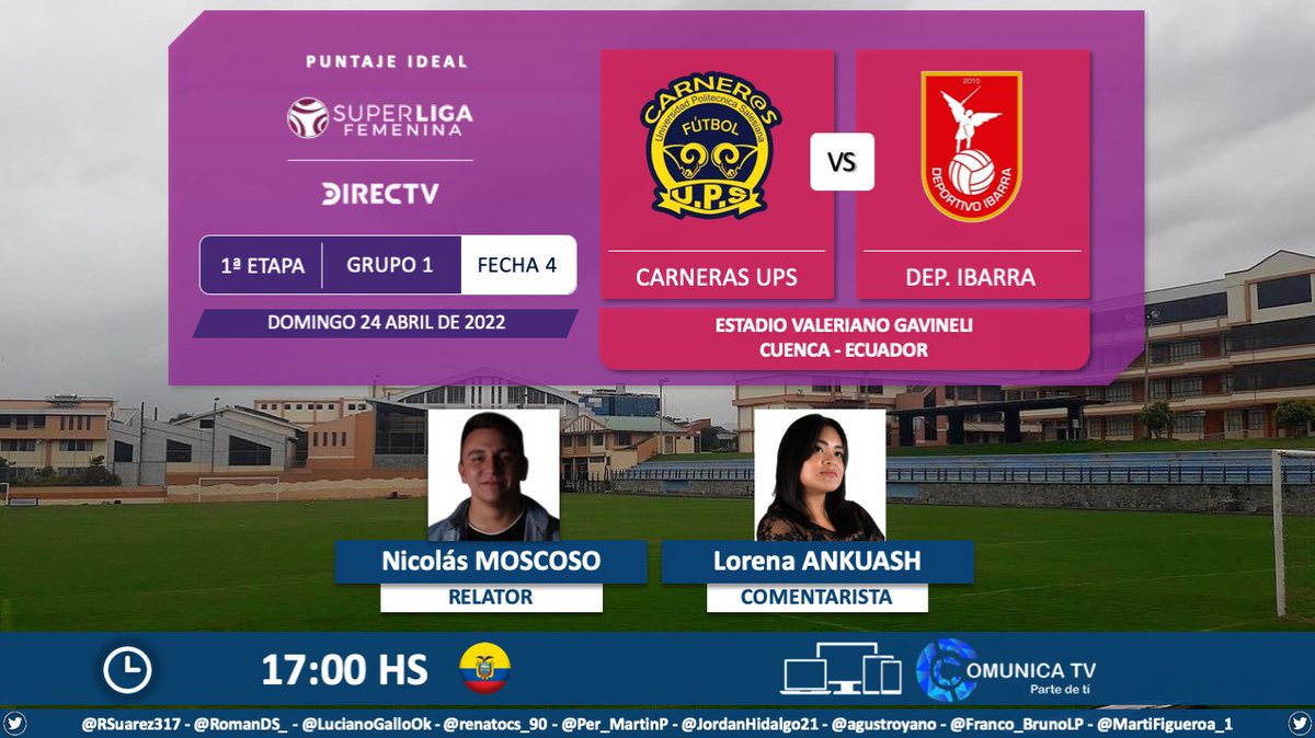 PuntajeIdealEC's tweet photo. ⚽ #SuperLigaFemenina 🇪🇨 | @upscarnerasA vs. @DepIbarra2019
🎙 Relator: @_nicomoscoso
🎙 Comentarista: Lorena Ankuash
💻📱 #ComunicaTV (redes sociales @ComUPSCuenca)
🤳 #ComunicaciónSalesiana
Dale RT 🔃 https://t.co/CYHx1V7k4U