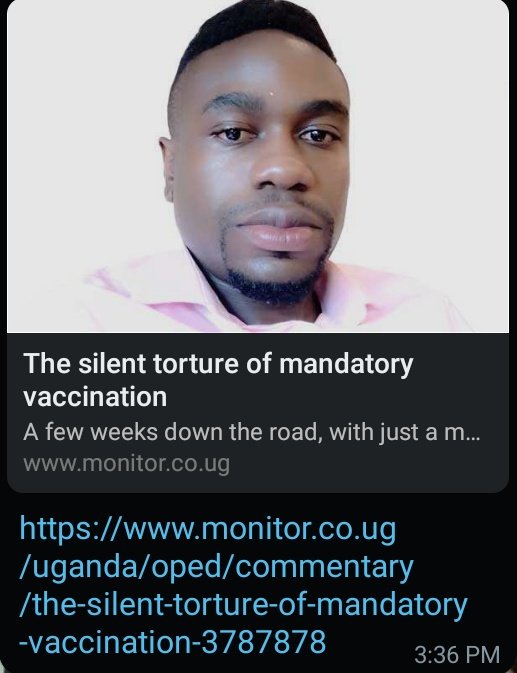 ChrisMwanje's tweet photo. Uganda barely has any COVID case  and the Government is still forcing people to vaccine.Enough is enough
#Tambuzatweet. @EndLock_down  @CarolTSsekandi @EdenK256 @pearl_wendyK 
@https://www.monitor.co.ug/uganda/oped/commentary/the-silent-torture-of-mandatory-vaccination-3787878 https://t.co/6Dn5aeybQ0